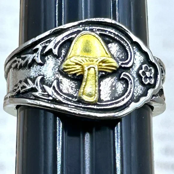 Silver Gold Mushroom Wide Band Ornate Ring Fantasy Cottagecore Botanical Theme - Picture 1 of 13